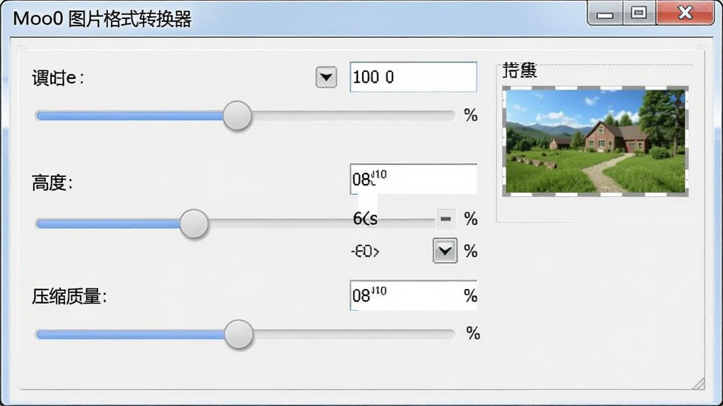 Moo0 图片格式转换器尺寸调整与压缩设置面板图,主体为软件参数设置区域,布局采用纵向排列,排版将宽度、高度、压缩质量滑块依次展示,风格为简洁工具类界面,细节包含数值输入框、百分比选项与预览缩略图,画质清晰干净,无多余元素,面板标题显示“Moo0 图片格式转换器”