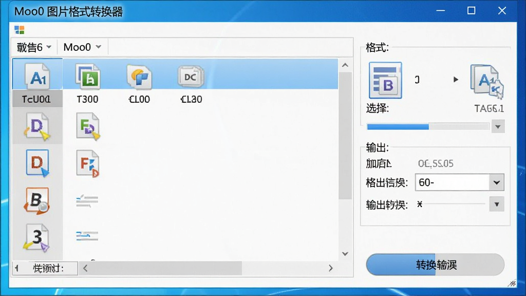 Moo0 图片格式转换器主界面预览图,主体为软件窗口居中显示,布局采用左右分栏,左侧为文件列表区,右侧为格式选择与输出参数面板,排版简洁清晰,风格为现代简约Windows桌面应用,细节包含格式图标、进度条与转换按钮,画质清晰干净,无多余元素,界面文字显示“Moo0 图片格式转换器”