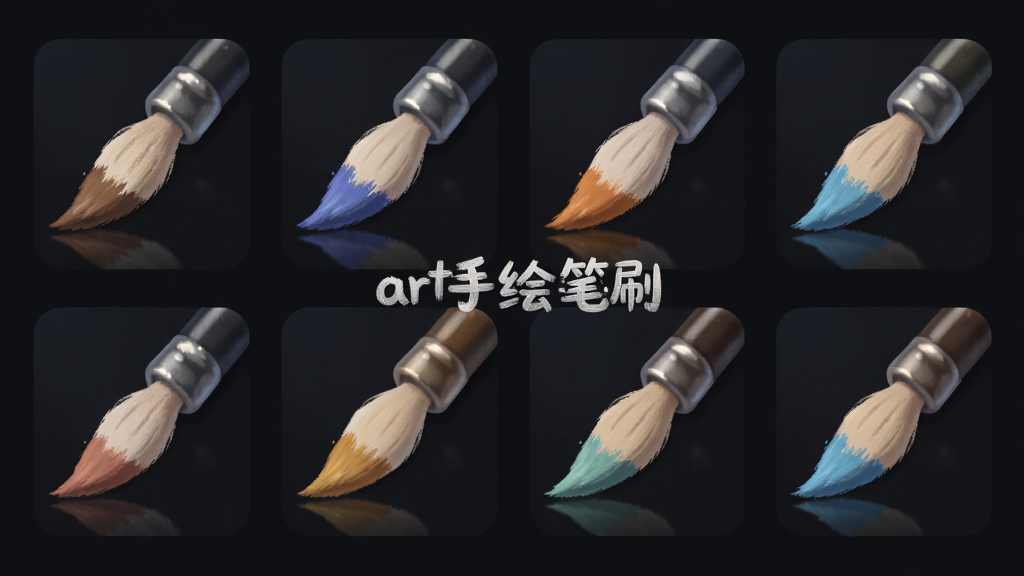 主体是一组排列整齐的数字绘画笔刷图标,布局为三行四列的网格状,排版居中对称,风格为写实质感图标设计,细节包括每支笔刷呈现不同的笔尖形状和颜色痕迹、背景为深色渐变画布、笔刷下方带有细小的高光反射,画质高清干净无多余元素,画面中文字标注“art手绘笔刷”