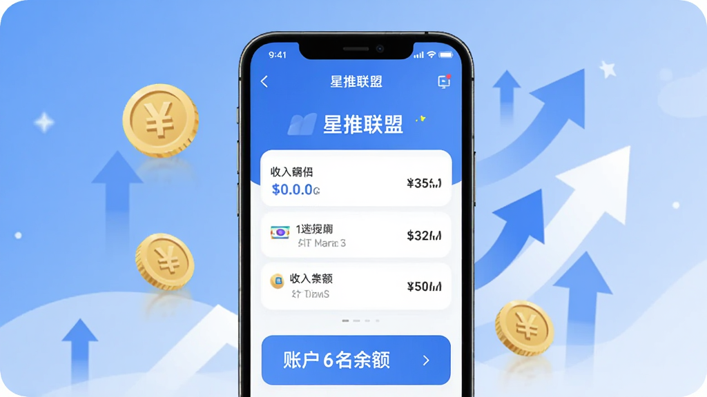 一部手机展示星推联盟的收益明细页面,页面上有收入记录列表和账户余额数字,画面中有金币图标和上升的箭头元素,布局为居中排版,风格为现代扁平化UI,色调以蓝色和白色为主,画质高清干净,无多余元素。