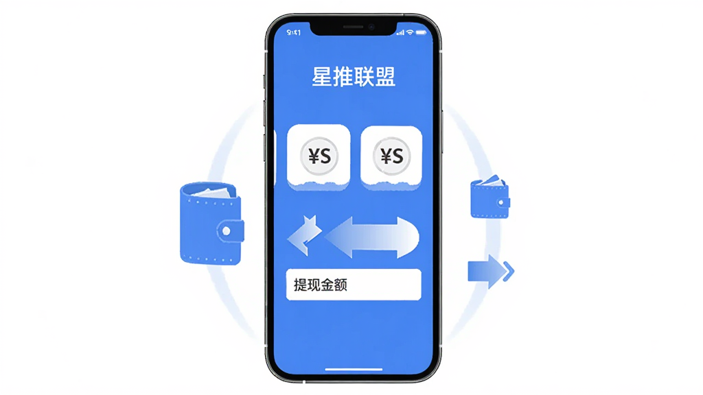 一部手机屏幕显示星推联盟的提现页面,页面上有多个提现渠道图标和提现金额输入框,画面中有钱包和转账箭头元素,布局为居中排版,风格为清爽扁平化UI设计,色调以蓝色和白色为主,画质高清干净,无多余元素。