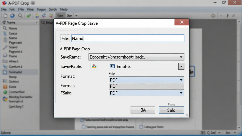 一张展示A-PDF Page Crop输出保存功能的图片,主体是软件界面的保存对话框,对话框中有文件名输入框、保存路径选择、文件格式下拉菜单显示PDF选项,背景是软件主界面,布局为居中弹窗构图,风格为写实软件截图风格,细节包括按钮文字、路径栏、格式图标,画质清晰,干净,无多余元素