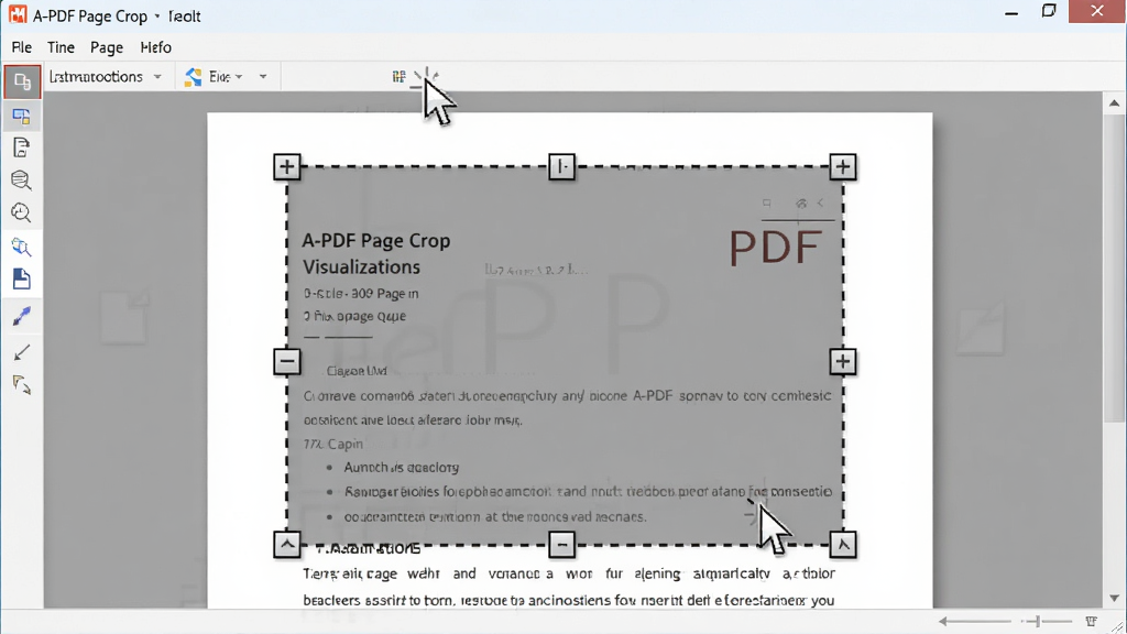 一张展示A-PDF Page Crop可视化裁剪功能的图片,主体是软件操作界面特写,画面中央是一份PDF文档页面,页面上有一个可拖拽的虚线裁剪框,框外区域覆盖半透明灰色遮罩,鼠标指针停在裁剪框边角处显示双向箭头,布局为界面局部放大,风格为写实软件截图风格,细节包括裁剪框控制点、遮罩层、页面内容文字,画质清晰,干净,无多余元素