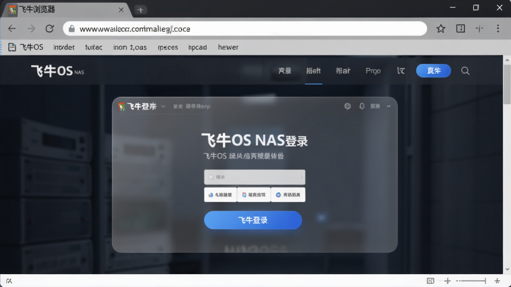 飞牛浏览器软件界面截图,主体为浏览器主窗口,布局采用居中排版,上方显示地址栏与标签页,中部展示飞牛OS NAS登录页面,排版简洁,风格为现代科技感,细节包含半透明毛玻璃效果与蓝色渐变按钮,画质清晰,干净,无多余元素