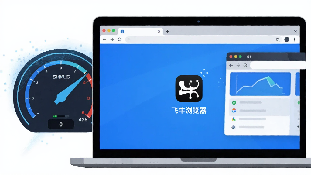 飞牛浏览器极速启动概念图,主体为一台笔记本电脑屏幕显示浏览器瞬间加载完成,布局采用对角线构图,排版左侧为速度仪表盘右侧为浏览器窗口,风格为扁平化科技插画,细节包含蓝色光效与飞牛浏览器图标,画质高清,干净,无多余元素