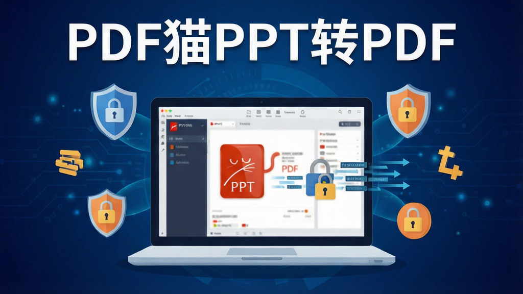一张展示PDF猫PPT转PDF离线安全转换概念图,画面中央是一台笔记本电脑,屏幕显示PDF猫PPT转PDF软件界面,电脑周围有盾牌图标和锁形图标环绕,背景为深蓝色科技感渐变,画面中有“PDF猫PPT转PDF”文字标识,风格为扁平化插画,细节包括数据流被锁定在电脑内部的视觉效果,画质高清,干净无多余元素