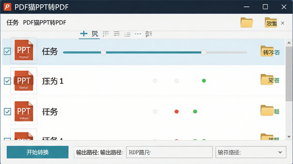 一张展示PDF猫PPT转PDF批量转换功能的界面截图,画面中软件窗口内显示多个PPT文件已添加到任务列表,每个文件旁边有勾选框和状态指示,下方有“开始转换”按钮和输出路径设置栏,窗口顶部有“PDF猫PPT转PDF”文字标识,风格为现代软件界面设计,细节包括文件缩略图、进度条、文件夹图标,画质高清,干净无多余元素