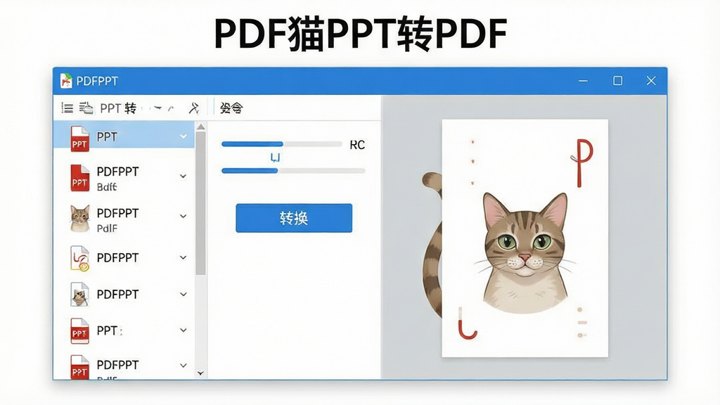 一张展示PDF猫PPT转PDF软件界面的产品预览图,画面中央是软件主窗口,左侧显示PPT文件列表,右侧是PDF转换预览区域,整体布局简洁清晰,采用蓝白配色方案,窗口上方有“PDF猫PPT转PDF”文字标识,界面风格为现代扁平化设计,细节包括文件图标、进度条、转换按钮等元素,画质高清,干净无多余元素
