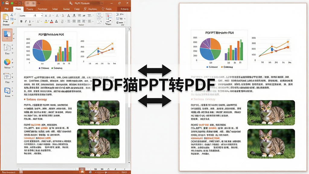 一张展示PDF猫PPT转PDF高精度转换效果的对比图,画面左侧是原始PPT幻灯片,包含彩色图表、文字段落和图片,右侧是转换后的PDF文档,两者布局和色彩几乎一致,画面中间有“PDF猫PPT转PDF”文字标识和双向箭头符号,风格为写实产品展示,细节清晰展示文字边缘锐利、图片色彩饱满,画质高清,干净无多余元素