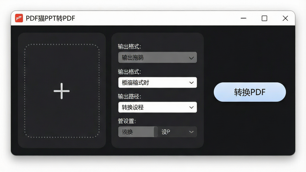 一张展示PDF猫PPT转PDF简洁操作界面的产品图,画面为软件主窗口特写,窗口内部分为三个清晰区域,左侧是文件拖拽区域带有虚线框和加号图标,中间是输出格式和路径设置,右侧是醒目的转换按钮,窗口标题栏有“PDF猫PPT转PDF”文字,风格为清爽极简设计,细节包括柔和的阴影和圆角元素,画质高清,干净无多余元素