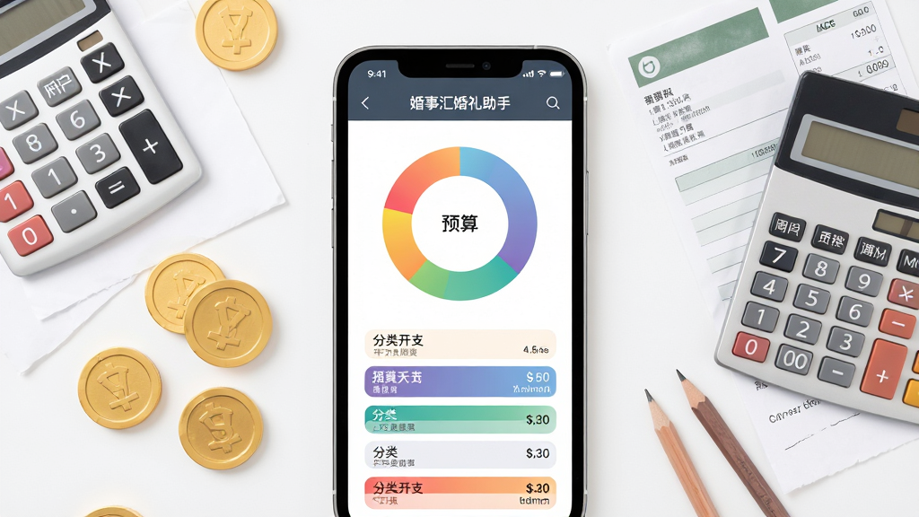 婚事汇婚礼助手预算管理界面,手机屏幕显示彩色环形预算图表和分类开支列表,周围散落金币、计算器、账单纸和铅笔,布局为左中右三分法,左侧放金币,中间放手机屏幕,右侧放计算器,风格为现代简约扁平风,细节包含清晰的数字标签和渐变色块,画质高清,画面干净,无多余元素