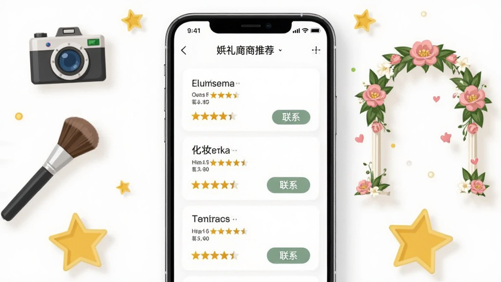 婚事汇婚礼助手供应商推荐页面,手机屏幕展示摄影、化妆、场地等分类卡片与星级评分,周围环绕相机、化妆刷、鲜花拱门和五角星图标,布局为环绕式构图,屏幕居中,风格为精致扁平风,细节包含评分星级和联系按钮,画质高清,画面干净,无多余元素