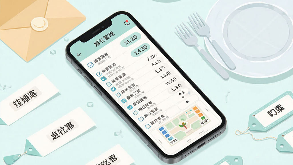 婚事汇婚礼助手宾客管理界面,手机屏幕显示分组宾客名单与桌位分布图,周围点缀信封、席位卡、餐盘和姓名标签,布局为对角线构图,屏幕位于视觉中心,风格为清新浅色系扁平插画,细节包含勾选框和人数统计数字,画质高清,画面干净,无多余元素