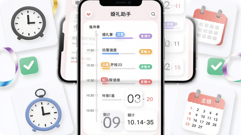 婚事汇婚礼助手流程规划页面,手机屏幕展示时间轴式任务列表与倒计时数字,周围环绕时钟、日历、对勾图标和彩带,布局为上下结构,上方放屏幕,下方放时钟与日历,风格为柔和圆角卡片风,细节包含进度条和彩色标签,画质高清,画面干净,无多余元素