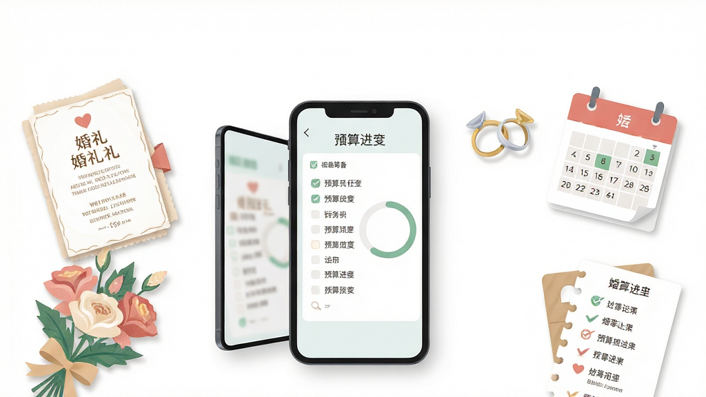 婚事汇婚礼助手主界面展示,画面中央是一块打开的手机屏幕,屏幕上显示婚礼筹备任务清单与预算进度环,屏幕周围环绕着婚礼请柬、鲜花、戒指、日历和宾客名单等元素,整体布局为居中构图,上方留白,主体突出,风格为清新扁平插画,细节包含柔和阴影与细腻纹理,画质高清,画面干净,无多余元素