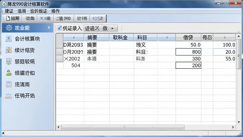 软件主界面展示,画面中央是降龙990会计核算软件的操作窗口,左侧为功能菜单栏,右侧显示凭证录入表格,表格中包含日期、摘要、科目、借贷金额等字段,整体布局为经典财务软件风格,色调以浅灰和蓝色为主,界面干净整洁,画质清晰,无多余元素