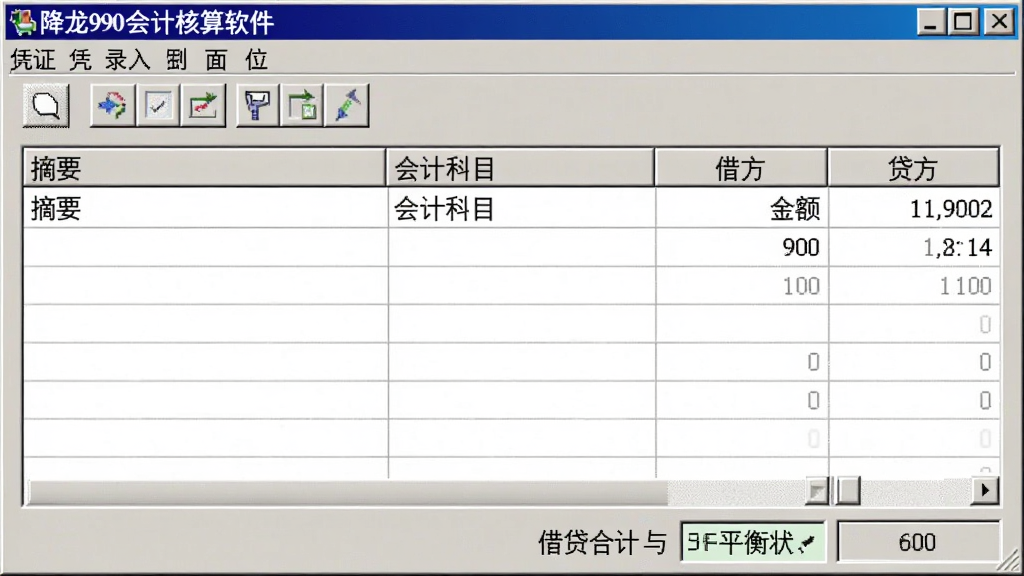凭证录入界面,画面展示降龙990会计核算软件的凭证编辑窗口,表格中包含摘要栏、会计科目栏、借方金额栏和贷方金额栏,底部显示借贷合计与平衡状态,界面风格为传统财务软件布局,色调以白色和浅灰为主,画质清晰,无多余元素