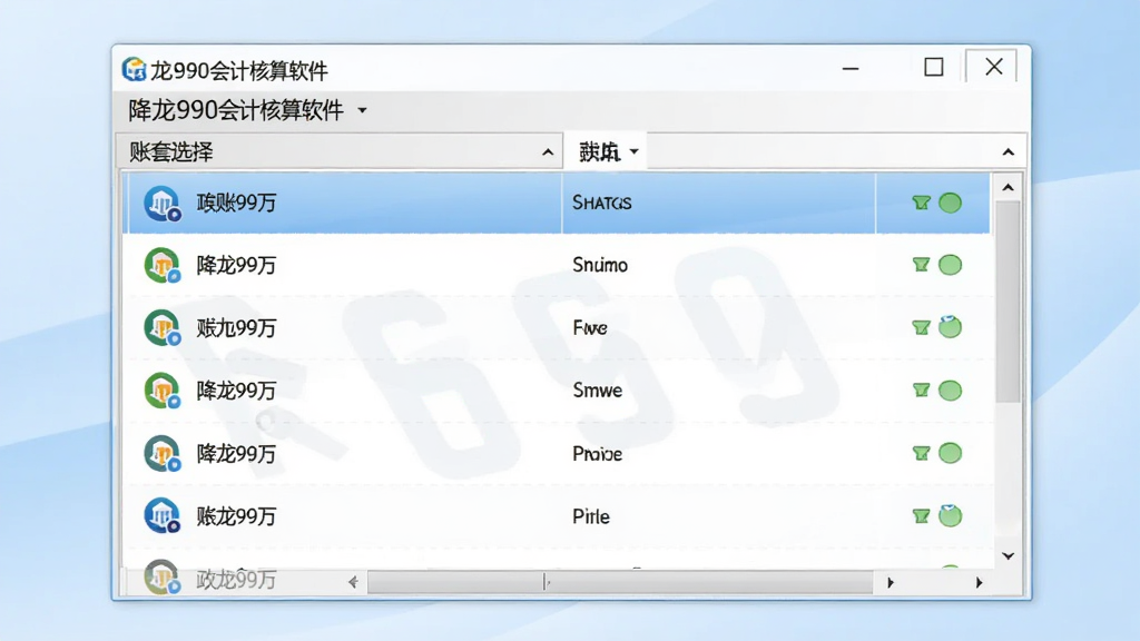 多账套管理界面,画面中展示降龙990会计核算软件的账套选择窗口,列表中显示多个账套名称,每个账套带有独立的图标和状态标识,背景为淡蓝色渐变,风格简洁商务,画质清晰,无多余元素