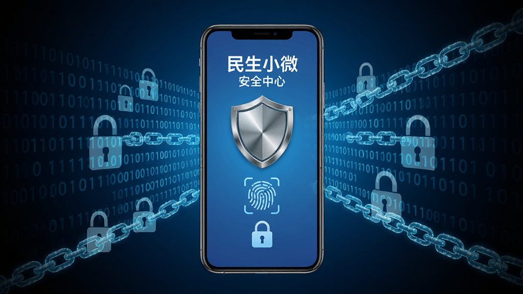 画面主体为一部手机屏幕显示“民生小微”安全中心页面,页面包含盾牌图标、指纹识别图标与加密锁图标,手机周围环绕半透明的二进制代码与锁链元素,布局采用中心对称构图,手机居中,元素环绕四周,背景为深蓝色到黑色的径向渐变,风格为科技安全风,细节上盾牌有金属质感,代码线条发光,画质锐利,干净无多余元素
