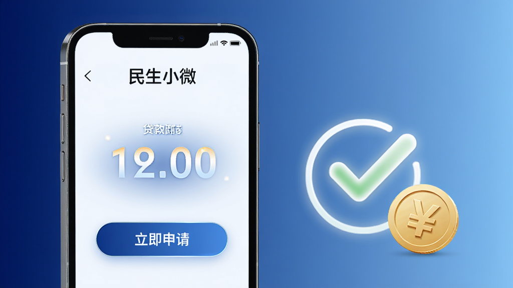 画面主体为一部手机屏幕显示“民生小微”贷款测额结果页面,页面中央有大号额度数字与“立即申请”按钮,手机旁边放置一个发光的对勾图标和一枚金币,布局采用左右平衡构图,左侧手机右侧图标,背景为深蓝到浅蓝的竖向渐变,风格为简洁商务科技风,细节上数字有微弱的发光效果,按钮边缘圆润,画质高清,干净无多余元素