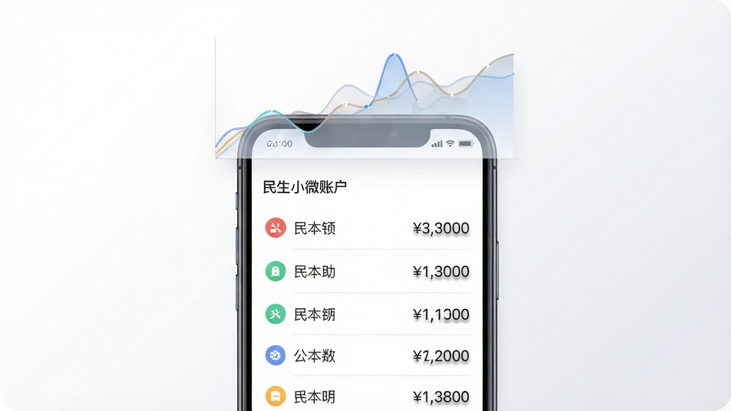 画面主体为一部手机屏幕展示“民生小微”账户明细列表,列表包含多笔收支记录,每笔记录左侧有分类图标,右侧有金额数字,手机上方悬浮一个半透明的数据折线图,布局采用上下结构,手机居中,折线图在上方,背景为纯白到浅灰渐变,风格为清爽极简风,细节上列表线条纤细,金额数字有轻微阴影,画质清晰,干净无多余元素