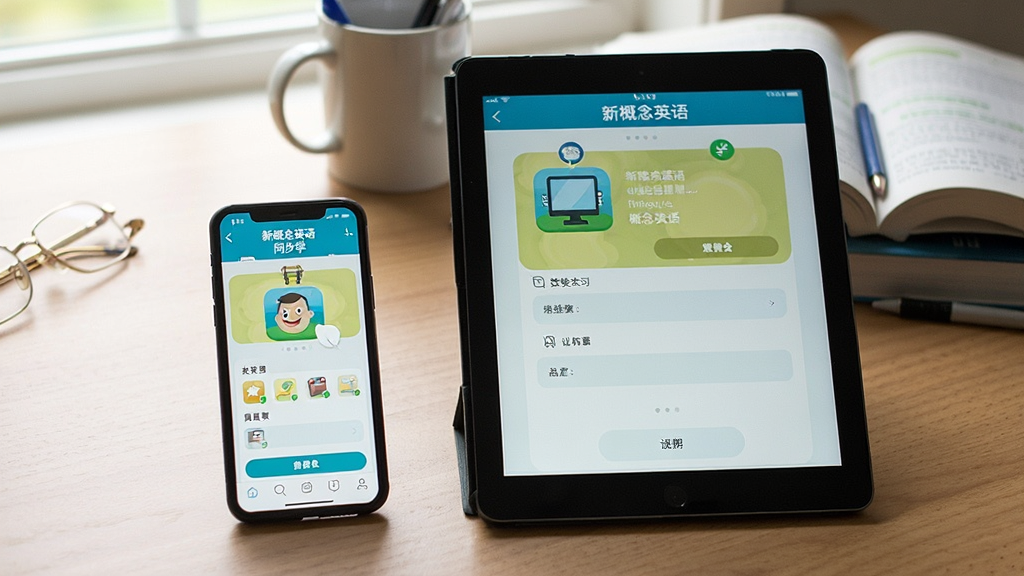 �¸���Ӣ��ͬ��ѧAPP���ֻ���ƽ���ϵ�ʹ�ó���ͼ��������һ���ֻ���һ̨ƽ�岢�Űڷţ���Ļ����ʾAPPѧϰ���棬����Ϊ�����Ϳα��������ʵ��Ȼ�������������޶���װ��Ԫ�ء�