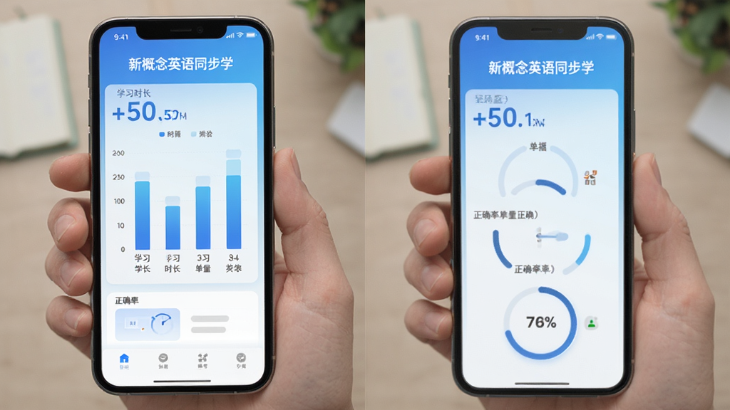 �¸���Ӣ��ͬ��ѧAPPѧϰ����ҳ�棬�ֻ���Ļ��ʾ��״ͼ�ͻ��ν���ͼ��չʾѧϰʱ��������������ȷ�ʵ����ݣ�������ɫΪ���׽��䣬����ִ���࣬����������
