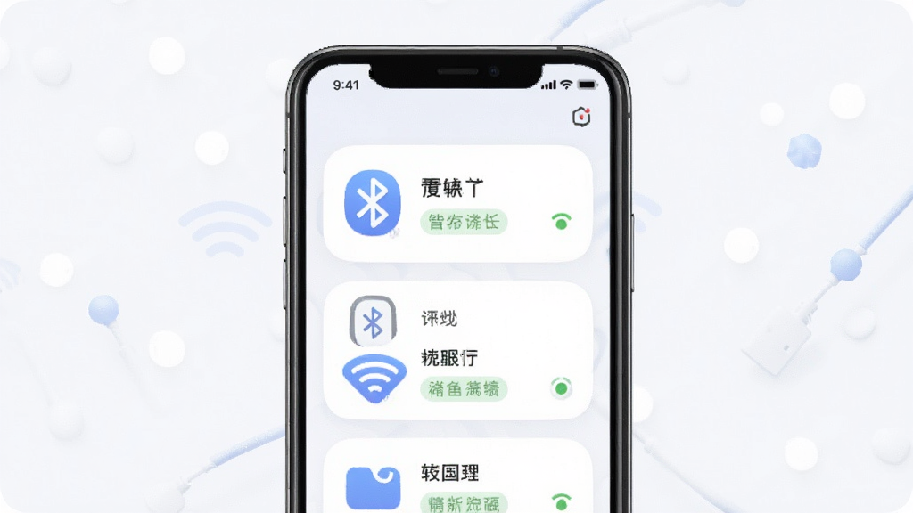一张展示蓝牙BLE助手多设备管理界面的预览图,主体为手机屏幕显示已保存设备列表,布局为卡片式网格排列,风格为柔和圆角现代风,细节包括设备图标、名称和连接状态标签,画质高清,干净无多余元素