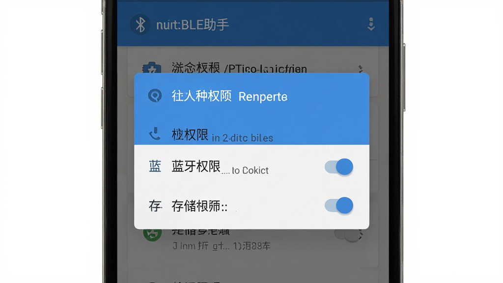 一张展示蓝牙BLE助手权限设置引导界面的预览图,主体为手机屏幕显示权限请求弹窗,布局为居中弹窗样式,风格为扁平化安卓原生风格,细节包括定位权限、蓝牙权限和存储权限的开关选项,画质高清,干净无多余元素