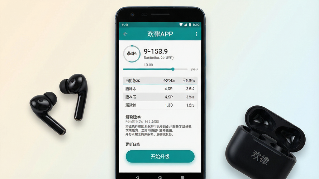 一张展示欢律软件固件升级界面的手机截图,画面中央是一部安卓手机,手机屏幕上显示欢律APP的固件更新页面,界面中有当前版本号、最新版本号、更新日志和开始升级按钮。手机旁边放置一副无线耳机和充电盒。布局采用手机居中、耳机在右下角的构图,背景为浅色渐变。风格为简洁工具类APP界面,细节包括进度条、版本对比表格、升级按钮带有微光效果。画质高清,干净,无多余元素。