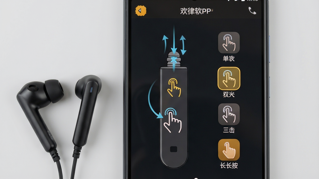 一张展示欢律软件按键自定义设置界面的手机截图,画面主体为一部安卓手机,手机屏幕上显示欢律APP的触控设置页面,界面中展示耳机柄示意图和单击、双击、三击、长按等手势对应的功能图标。手机旁边放置一副带柄的无线耳机。布局采用手机居中、耳机在左侧的构图,背景为纯色浅灰。风格为设置类APP界面,细节包括手势轨迹动画、功能图标清晰、选中状态高亮。画质高清,干净,无多余元素。