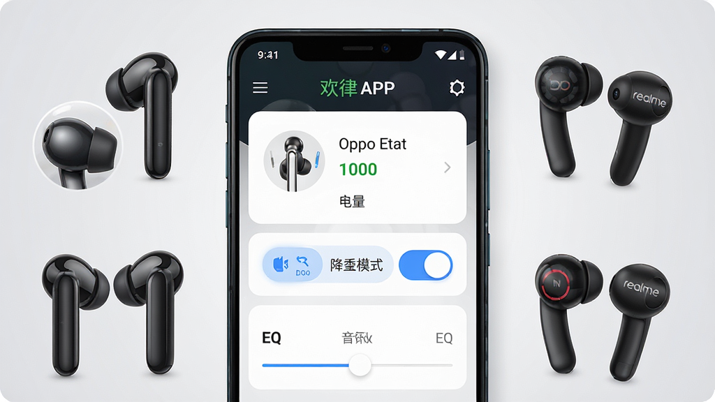 一张展示欢律软件主界面的手机应用截图,画面中央是一部安卓手机,手机屏幕上显示欢律APP的耳机管理界面,界面中包含耳机连接状态、电量显示、降噪模式切换按钮和EQ音效调节滑块。手机周围环绕着OPPO Enco系列无线耳机和realme Buds耳机实物图。整体布局采用居中构图,背景为浅灰色渐变,风格简洁现代科技感,细节包括界面图标清晰可见、耳机质感真实、按钮带有轻微高光效果。画质高清,干净,无多余元素。
