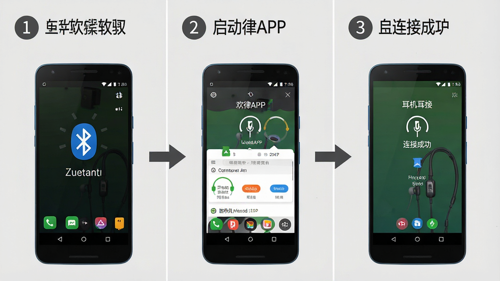 一张展示欢律软件在安卓手机上连接耳机的操作步骤示意图,画面分为三个部分从左到右排列,第一部分显示打开手机蓝牙,第二部分显示启动欢律APP,第三部分显示耳机连接成功界面。每个部分都是一部安卓手机的屏幕截图。布局采用横向三栏排列,背景为浅灰色。风格为教程图解风格,细节包括步骤编号、箭头指示、界面元素清晰可辨。画质高清,干净,无多余元素。