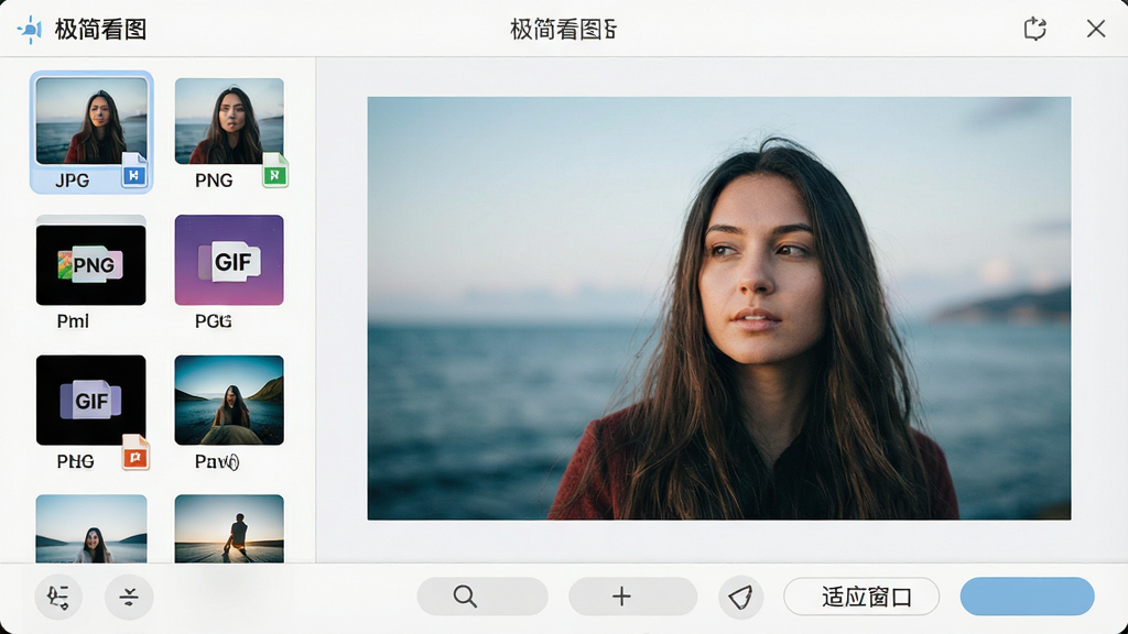一张“极简看图”软件功能展示图,画面主体为软件界面,左侧显示多张不同格式图片缩略图(JPG、PNG、GIF等),右侧大图区域展示一张正在浏览的高清照片,界面底部有缩放、旋转、适应窗口等按钮,布局为横向工具栏加纵向缩略图列表,风格为清爽浅色UI,细节包括格式图标清晰、按钮无文字堆砌,画质清晰,干净,无多余元素。