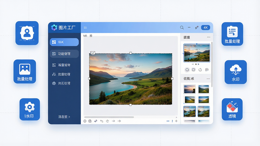 一张展示“图片工厂”软件主界面的全景图,画面中央是软件操作窗口,左侧为功能导航栏,右侧为图片编辑预览区,窗口中显示正在编辑一张风景照片,周围漂浮着抠图、拼图、批量处理、水印、滤镜等功能图标,整体布局采用三分法排版,风格为现代科技感扁平化设计,细节包括蓝色主色调、圆角按钮、清晰的功能标签和缩略图预览,画质为4K超高清,画面干净整洁,无多余元素