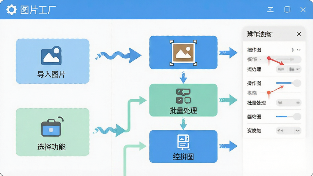 一张展示“图片工厂”新手操作界面的示意图,画面中软件界面被分为左右两部分,左侧标注“导入图片”和“选择功能”步骤,右侧展示抠图、批量处理、拼图等功能的操作按钮和参数面板,布局采用流程图式排版,风格为清新简洁的教学示意图,细节包括箭头指引、文字标注和图标说明,画质为高清,画面干净清晰