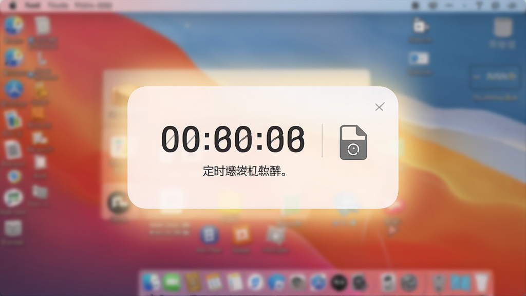 一张展示定时开关机软件倒计时提醒弹窗的图片,画面中央是一个圆角矩形的提示窗口,显示倒计时数字和保存文件图标,窗口周围有柔和的光晕效果,背景是模糊的电脑桌面,整体风格温馨友好,画质清晰,干净无多余元素