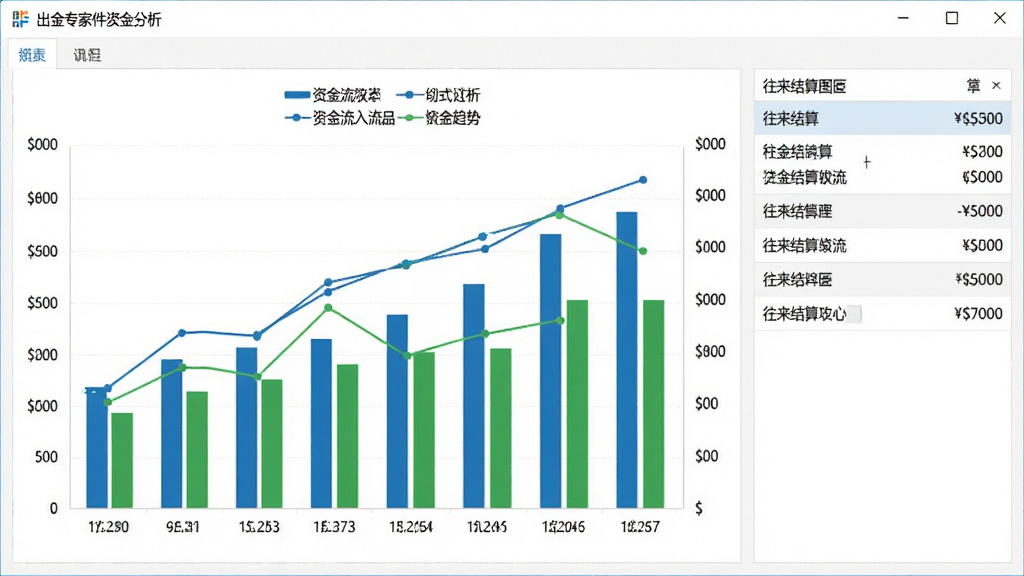 出纳专家软件的资金分析图表界面,画面中显示柱状图和折线图展示资金流入流出趋势,图表颜色以蓝色和绿色为主,界面右侧有往来结算列表,背景是白色,整体风格简洁商务,画质高清,干净整洁,无多余元素