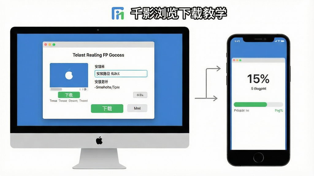 一张展示千影浏览器下载安装步骤的示意图,主体为电脑屏幕与手机屏幕并排展示,布局左侧为电脑安装向导界面,右侧为手机安装进度条,排版左右对称,风格扁平化教学风,细节包含下载按钮高亮、安装路径选择框、进度百分比数字,画质清晰干净,无多余元素
