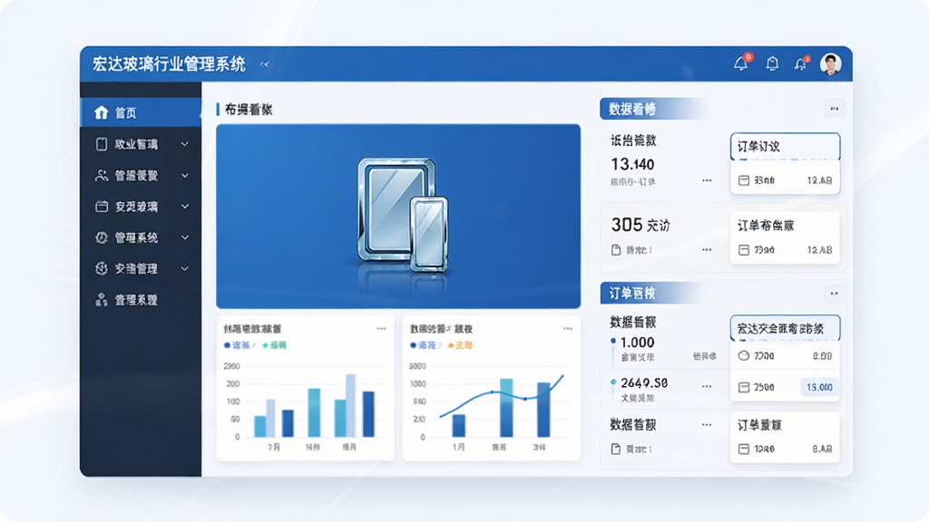 软件全貌展示图,画面中央为宏达玻璃行业管理系统主界面,左侧为功能导航菜单,右侧为数据看板与订单列表,整体采用蓝色商务风格,布局清晰,排版整洁,风格为现代企业级软件界面,细节包含玻璃图标、数据图表、订单卡片,画质高清,干净,无多余元素