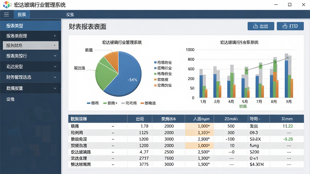 宏达玻璃行业管理系统财务报表界面图,画面中心为数据图表与统计表格,左侧为报表类型选择菜单,右侧为导出与打印按钮,布局为左右分栏,排版规整,风格为专业财务软件界面,细节包含饼图、柱状图、数字高亮,画质高清,干净,无多余元素