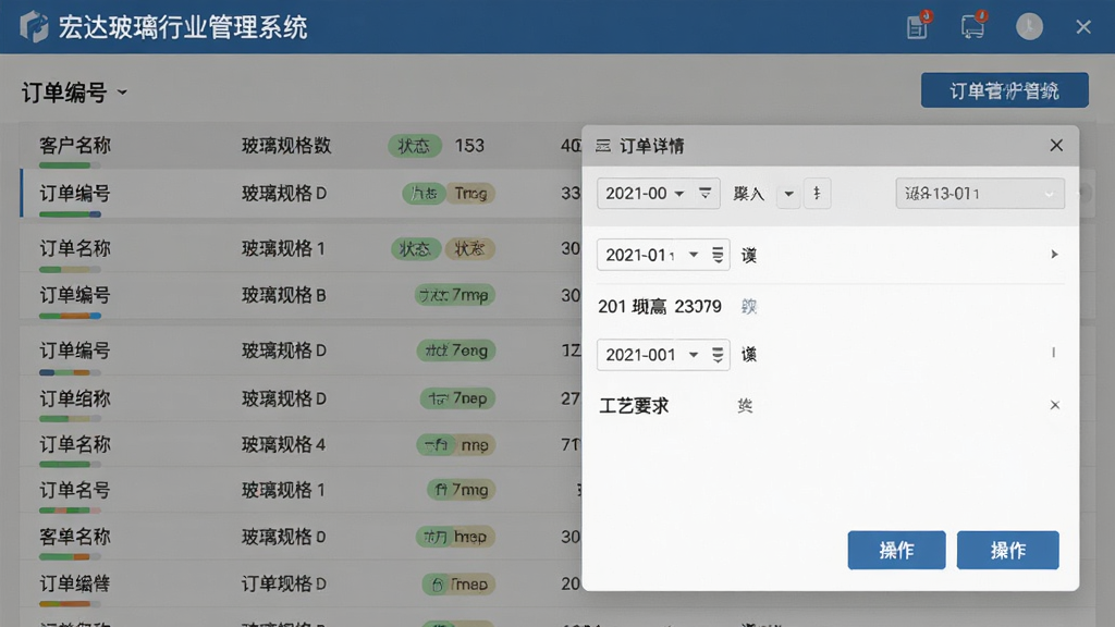 宏达玻璃行业管理系统订单管理界面展示图,画面主体为订单列表与订单详情弹窗,左侧显示客户名称与订单编号,右侧展示玻璃规格参数与工艺要求,布局为左右分栏结构,排版工整,风格为扁平化商务设计,细节包含状态标签、日期选择器、操作按钮,画质高清,干净,无多余元素