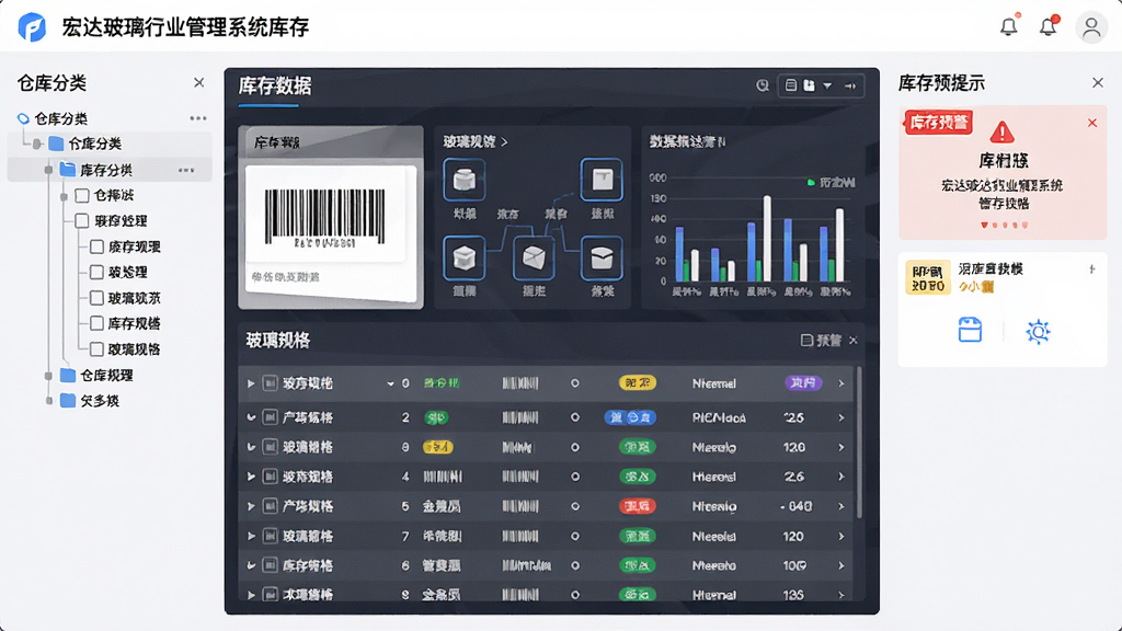 宏达玻璃行业管理系统库存管理模块界面图,画面中心为库存数据看板与玻璃规格列表,左侧为仓库分类树形菜单,右侧为库存预警提示,布局为三栏式结构,排版清晰,风格为现代简约商务风,细节包含条形码图标、数据统计图、颜色标签,画质高清,干净,无多余元素