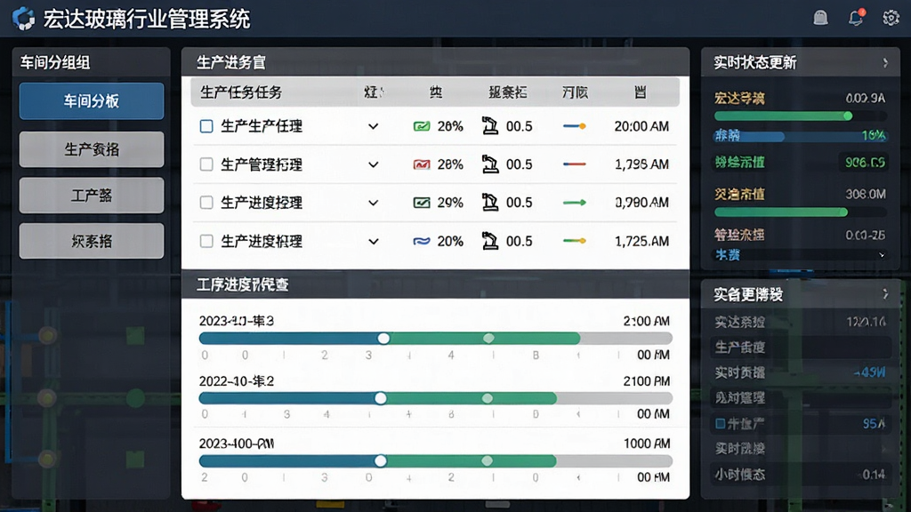 宏达玻璃行业管理系统生产进度看板界面图,画面主体为生产任务列表与工序进度条,左侧为车间分组,右侧为实时状态更新区域,布局为上下结构,排版紧凑,风格为工业风信息化界面,细节包含进度百分比、工序图标、时间戳,画质高清,干净,无多余元素