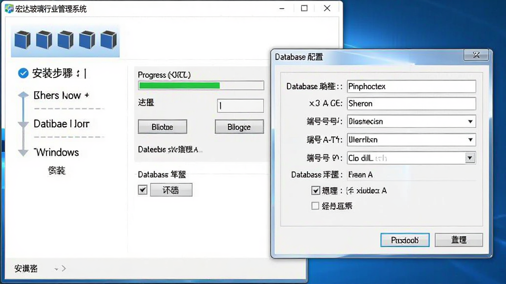 宏达玻璃行业管理系统安装配置界面示意图,画面展示安装向导窗口与数据库配置对话框,左侧为安装步骤指示,右侧为填写路径与端口号的表单区域,布局为居中弹窗式,排版简洁,风格为Windows安装程序界面,细节包含进度条、浏览按钮、复选框,画质高清,干净,无多余元素