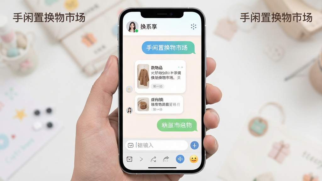 手闲置换物市场聊天沟通界面,主体为手机屏幕显示对话气泡与输入框,布局为顶部联系人名称、中部聊天记录、底部输入工具栏。排版清晰,风格为柔和圆角设计,细节包括物品卡片分享、语音按钮、表情图标。画质高清,干净,画面中带有文字“手闲置换物市场”。无多余元素。