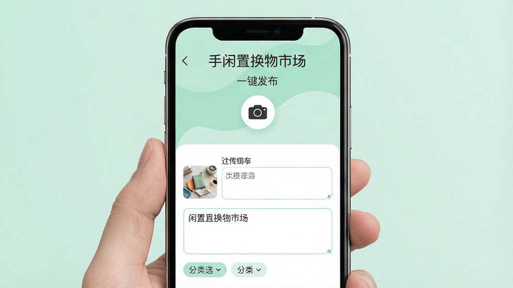 手闲置换物市场一键发布功能界面,主体为手机屏幕中央的相机图标与表单填写区域,布局为上下结构。排版清晰,风格为清新浅色系,细节包括上传图片缩略图、文字输入框、分类选择标签。画质高清,干净,画面中带有文字“手闲置换物市场”和“一键发布”。无多余元素。