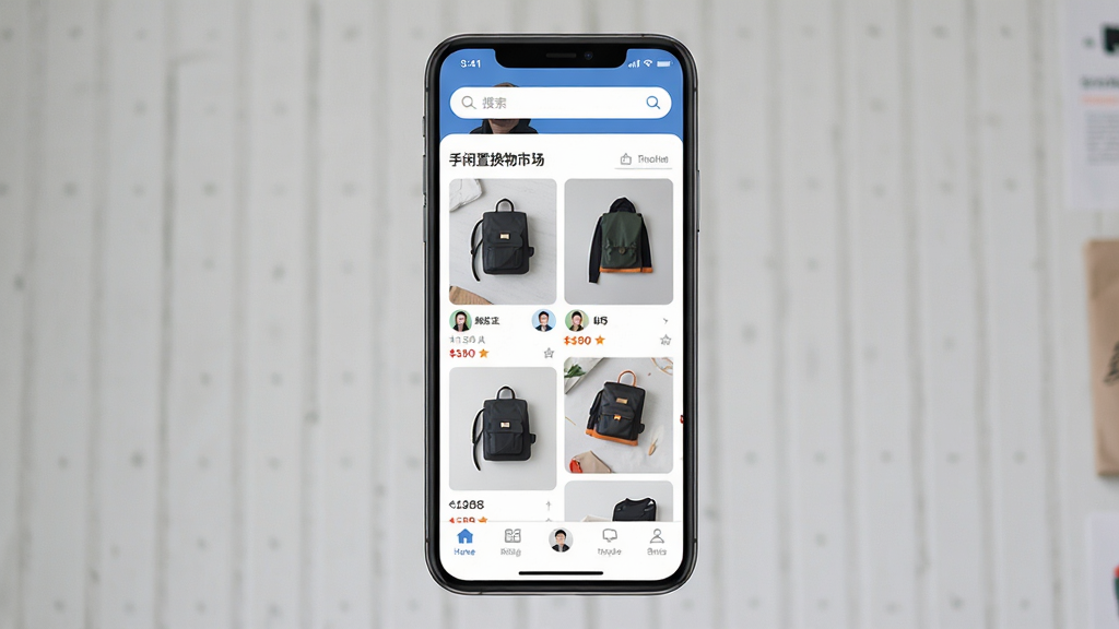 手闲置换物市场软件主界面展示,主体为一部智能手机屏幕,屏幕内显示应用首页,布局包含顶部搜索栏、中部商品瀑布流展示区、底部导航栏。排版简洁清晰,风格为现代扁平化设计,细节包括商品缩略图、价格标签、用户头像。画质高清,干净,无多余元素。
