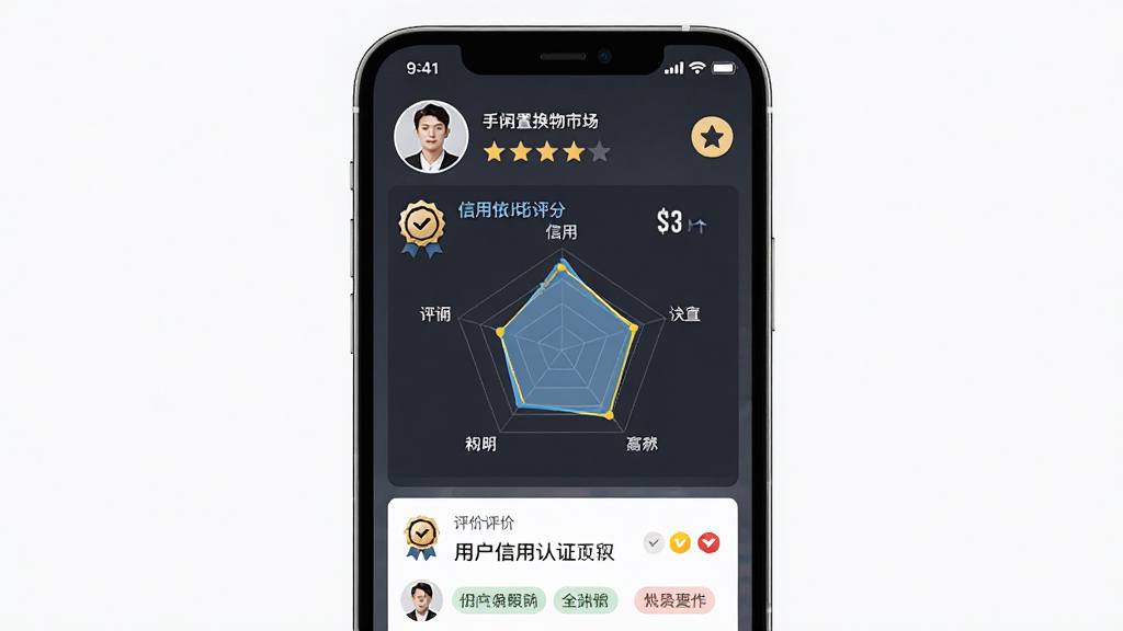 手闲置换物市场用户信用认证页面,主体为手机屏幕显示个人主页与信用星级,布局为顶部头像信息、中部信用评分雷达图、底部评价列表。排版规整,风格为商务简约风,细节包括认证徽章、评分数字、用户评价标签。画质高清,干净,无多余元素。