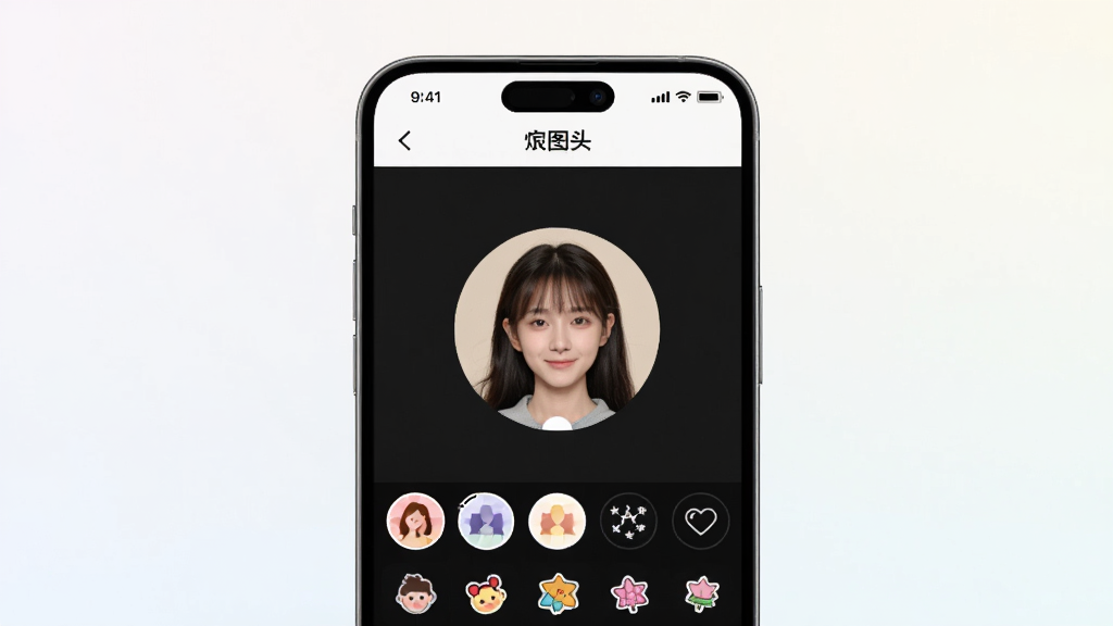 一款名为炅图头像的手机应用界面展示,画面中央是一部智能手机,屏幕上显示炅图头像的编辑界面,包含圆形头像预览、滤镜选项和贴纸工具栏,背景为浅色渐变,风格简洁清新,细节清晰,画质高清,干净无多余元素